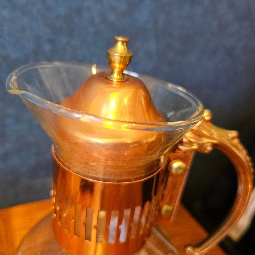 Vintage Glass Carafe with Copper Metal Collar and Ornate Scroll Handle 9.5in